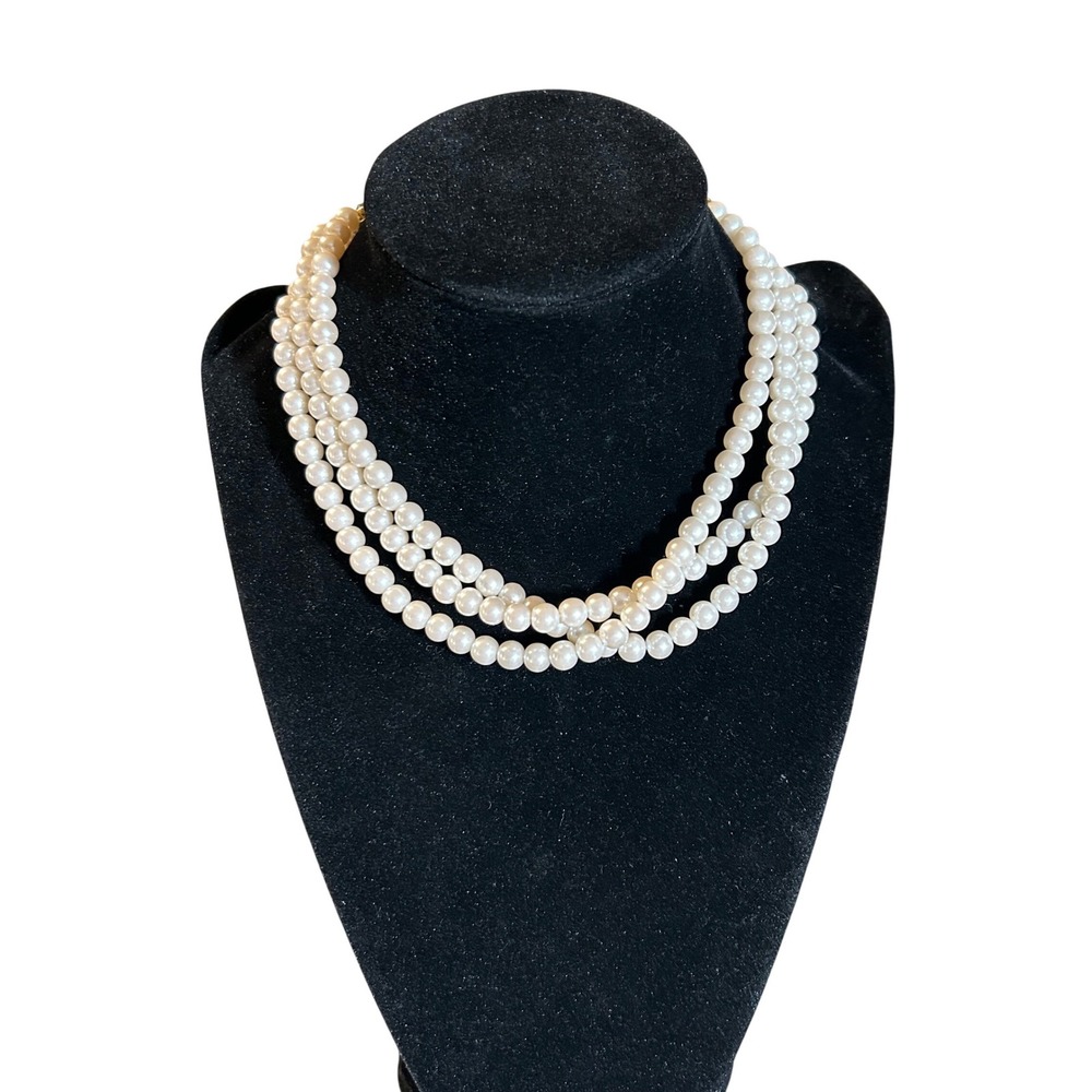 Vintage Triple Strand Faux Pearl Necklace Gold Tone Shell Clasp Cream 17 Inch